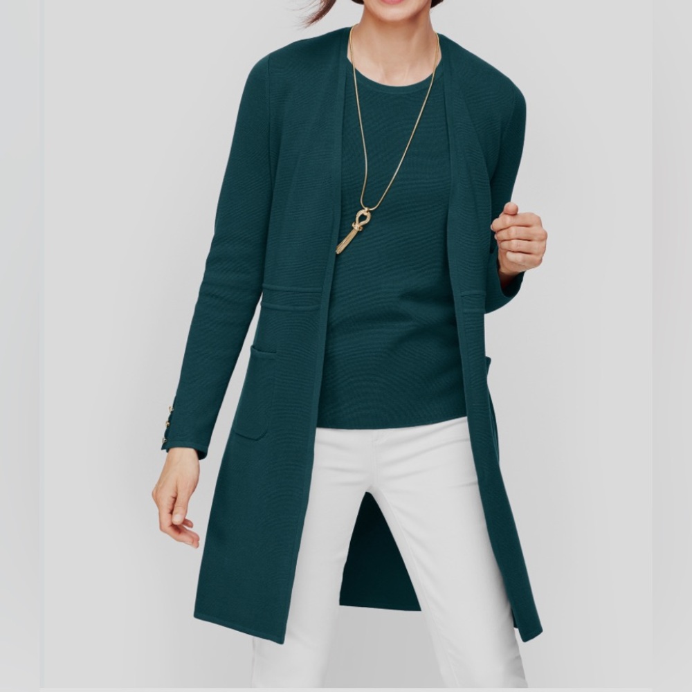 Talbots Petites Hunter Green Open Front Knee Length Cardigan Sweater / small